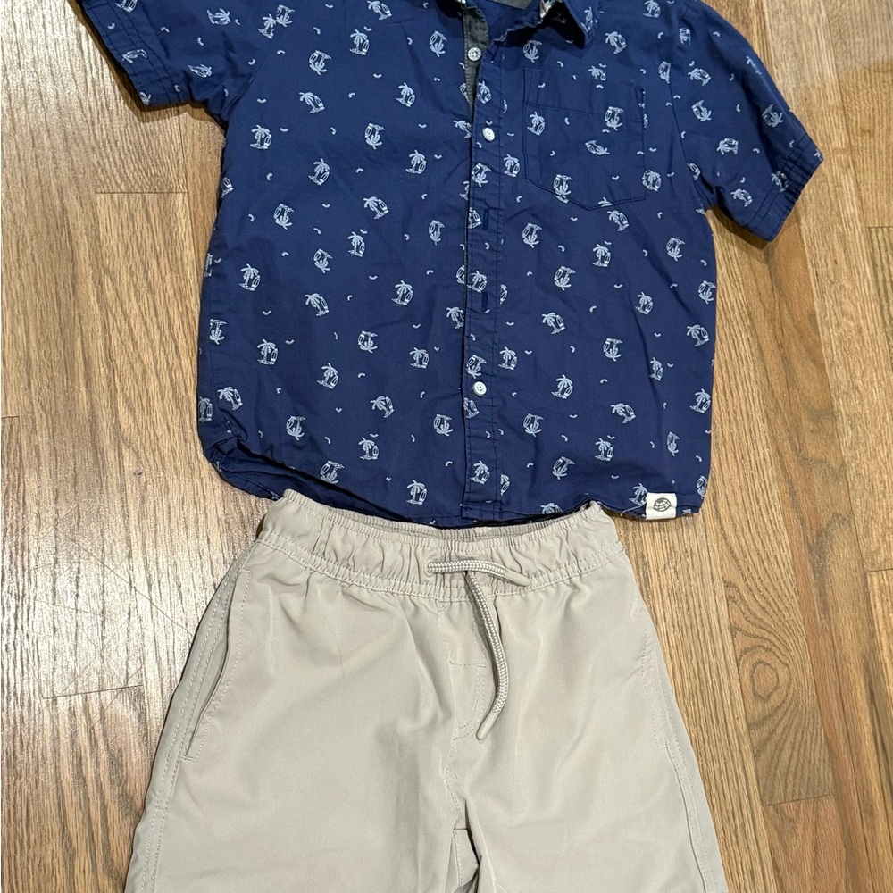 Navy Blue Patterned Shirt and Beige Shorts Set